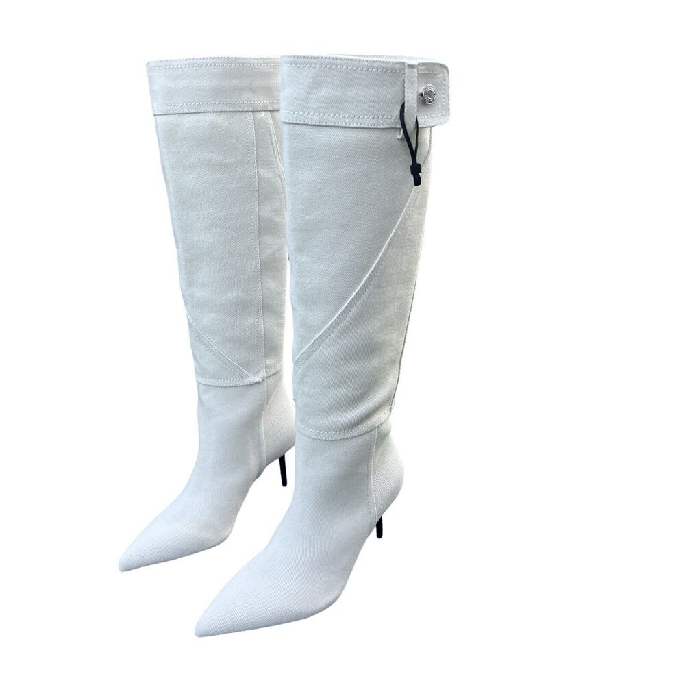 Zara Women Denim High Heel Knee High Pointed Toe Boots Beige Size EU 39 US 8 - Picture 3 of 14